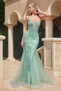 Andrea & Leo CC2253 Glitter Lattice Mermaid Prom Gown - A mesmerizing mermaid prom gown with a glitter lattice motif, sheer boned bodice, layered tulle godet skirt, and an open lace-up corset back for a dazzling and sophisticated look.  This is the dress in Sage.  Front View.