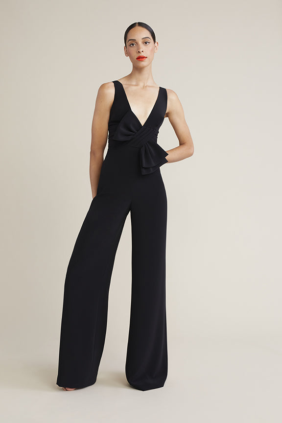Audrey+Brooks 6206 V-Neck Jumpsuit - A sleeveless jumpsuit with a low back, wide pants, and hidden zipper, perfect for formal evening events.