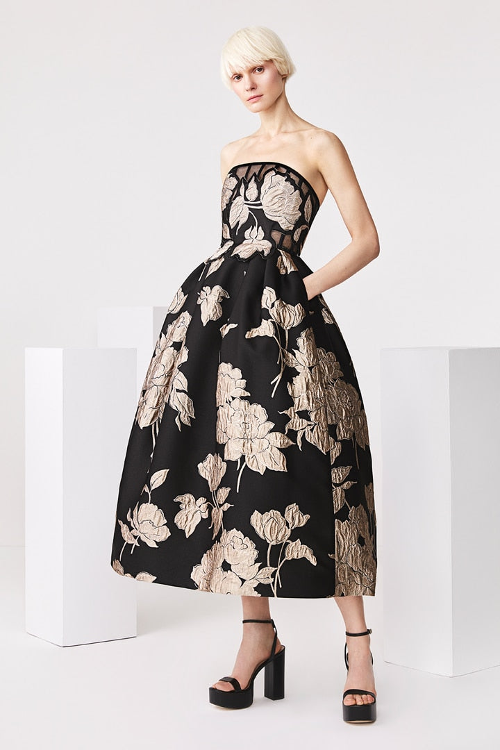 Midi-length dress by Audrey+Brooks with sheer floral applique bodice, perfect for cocktail parties and evening events. Ideal for mothers of the bride or groom attire.