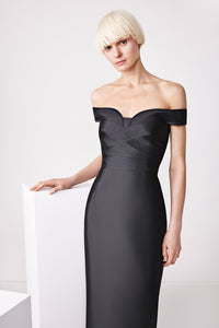 Audrey+Brooks 6522 off-shoulder sheath midi dress with seam detail. Perfect for cocktail parties and elegant evenings. Ideal for mothers of the bride or groom.