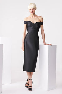 Audrey+Brooks 6522 off-shoulder sheath midi dress with seam detail. Perfect for cocktail parties and elegant evenings. Ideal for mothers of the bride or groom.