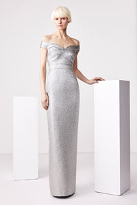 Elegant Audrey+Brooks 6536 Off-the-Shoulder Gown for formal events.  Front view of the dress.