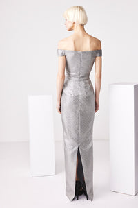 Elegant Audrey+Brooks 6536 Off-the-Shoulder Gown for formal events.  Back view of the dress.