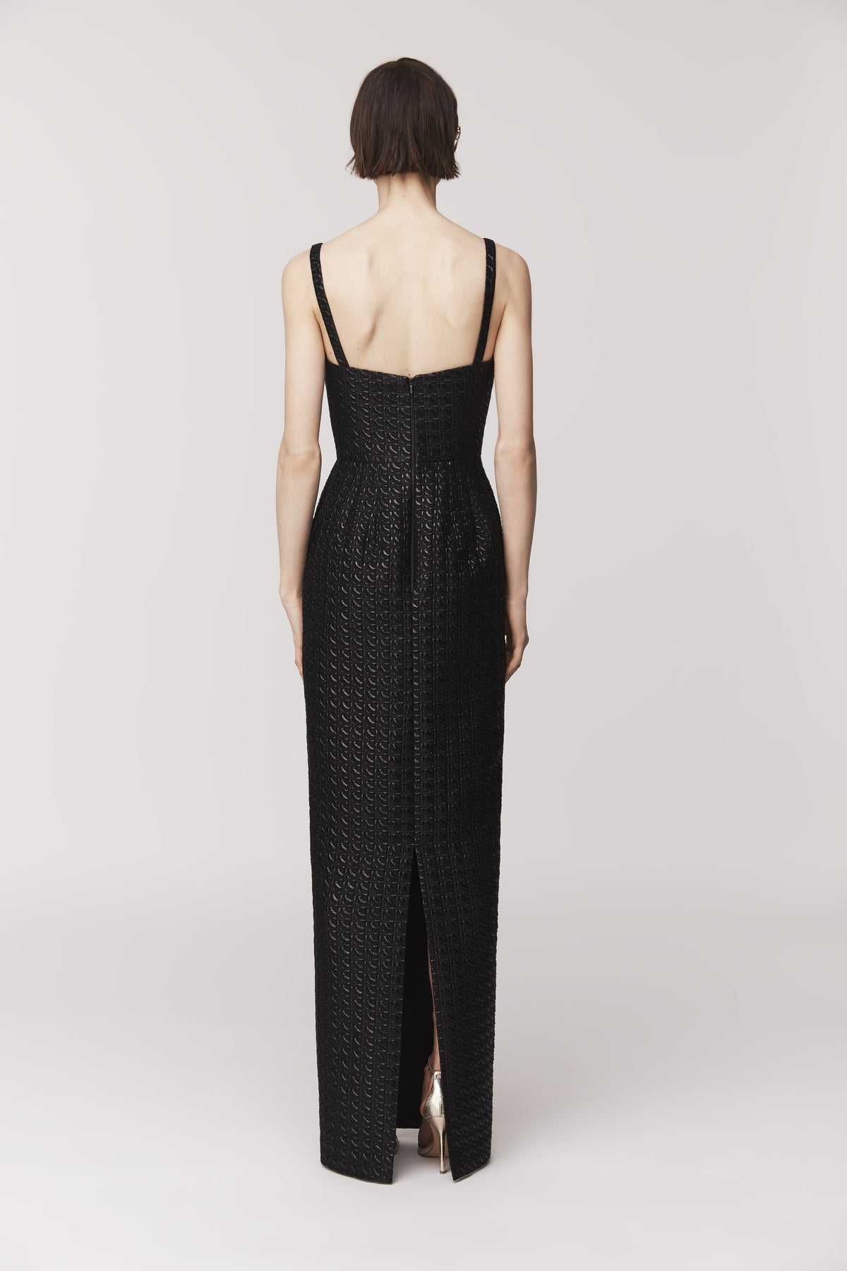 Audrey+Brooks 6713 Strapless Column Gown – In black.  Back View.