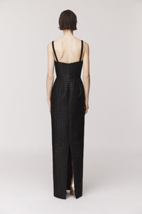 Audrey+Brooks 6713 Strapless Column Gown – In black.  Back View.