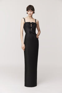 Audrey+Brooks 6713 Strapless Column Gown – In black.  Front View.