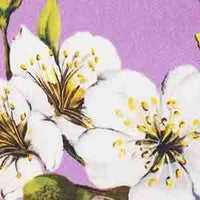 A close-up of a floral pattern featuring white blossoms with yellow centers and green leaves on a lavender-purple background.