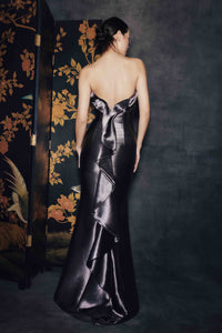 Audrey+Brooks 7115 strapless fit-and-flare gown with sculptural ruffled bodice, cascading back ruffle and dramatic train.