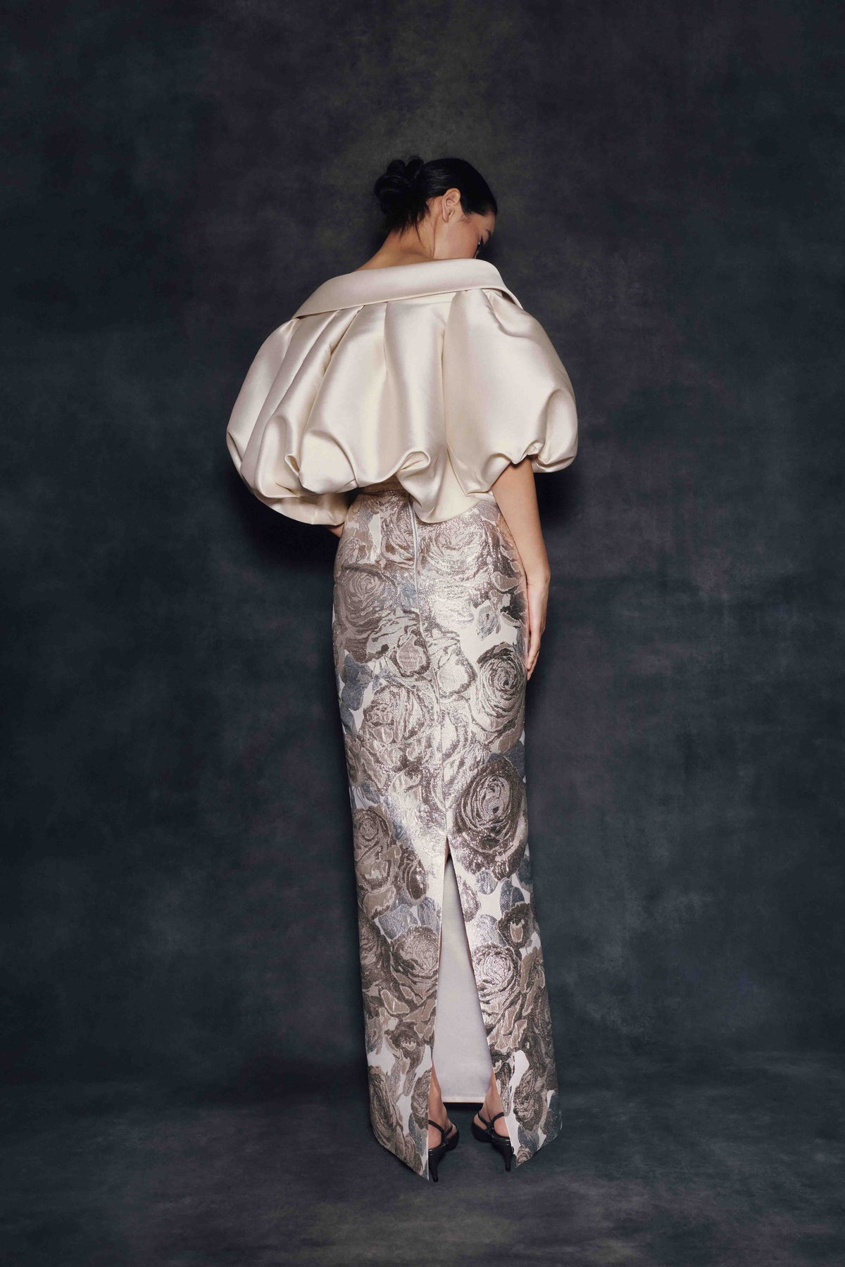 Audrey+Brooks 7136 strapless gown with draped bodice, contrast cover up, statement sleeves and sheath skirt silhouette.