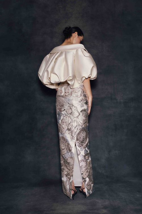 Audrey+Brooks 7136 strapless gown with draped bodice, contrast cover up, statement sleeves and sheath skirt silhouette.