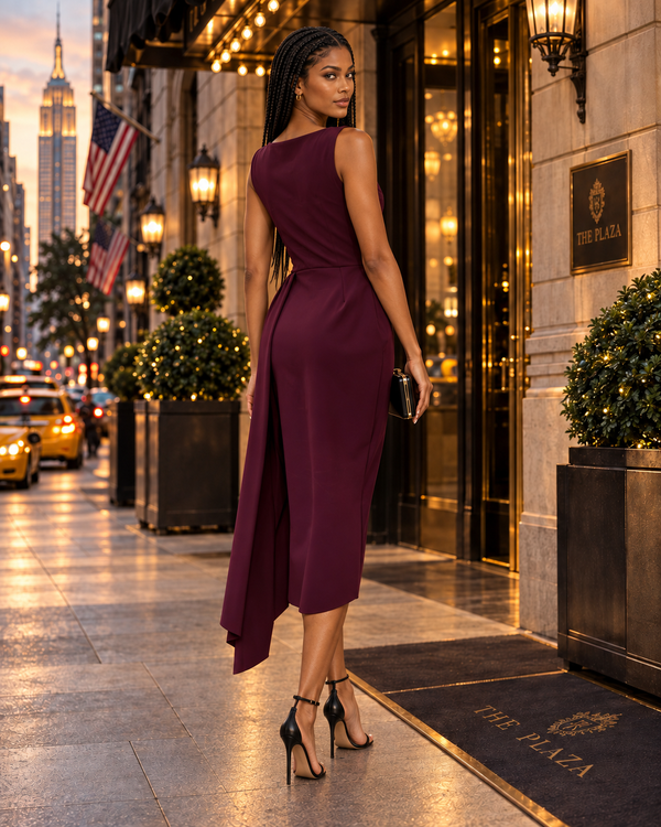 A woman stands on a city sidewalk in front of The Plaza, wearing a sleeveless deep plum midi dress with a high-low asymmetrical hem and black high heels.