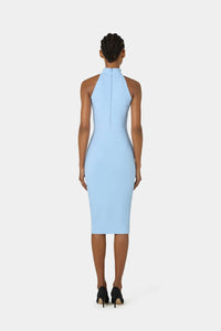 A model shown from the back wearing a light blue sleeveless halter-neck midi dress, paired with black high heels, against a solid light gray background.