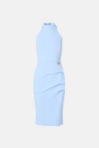 A light blue sleeveless mock-neck dress with a draped, gathered skirt and a small gold button detail at the waist, shown against a light gray background.