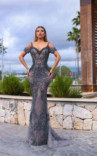 Chic & Holland HF885A Beaded Off-Shoulder Gown featuring intricate beadwork, a form-fitting silhouette, an open back, and a floor-length train.