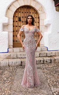 Chic & Holland HF885A Beaded Off-Shoulder Gown featuring intricate beadwork, a form-fitting silhouette, an open back, and a floor-length train.