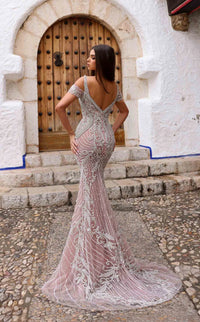 Chic & Holland HF885A Beaded Off-Shoulder Gown featuring intricate beadwork, a form-fitting silhouette, an open back, and a floor-length train.