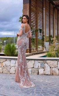 Chic & Holland HF885A Beaded Off-Shoulder Gown featuring intricate beadwork, a form-fitting silhouette, an open back, and a floor-length train.