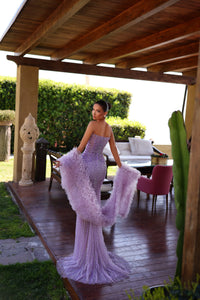 Model wearing Chic & Holland PH120111 strapless fully beaded mermaid gown with sculpted silhouette and matching statement stole.