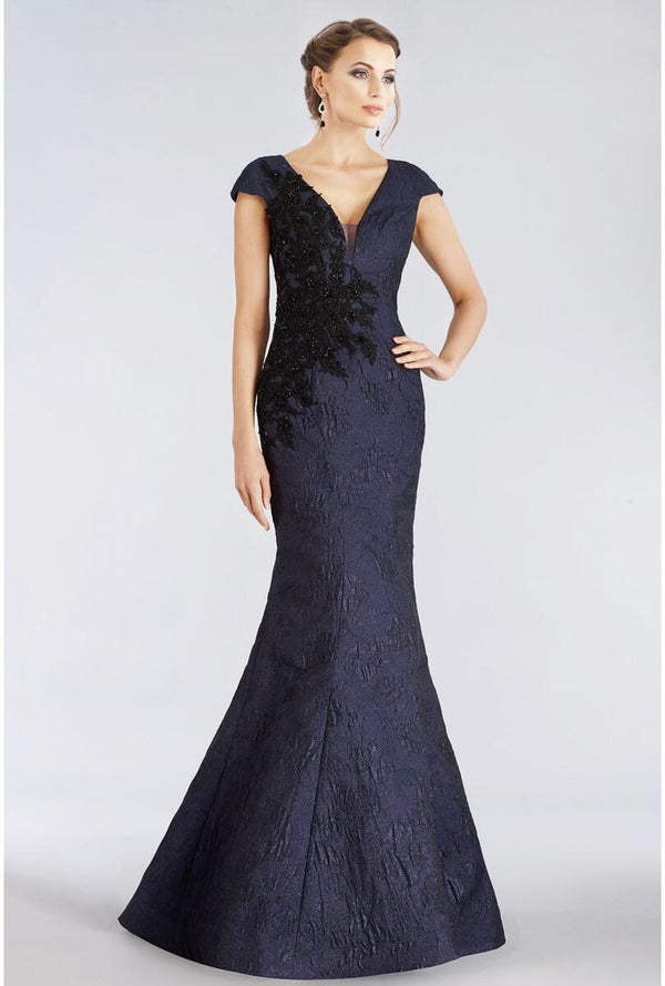 Feriani 18957 Stunning V-Neck Beaded Applique Mermaid Gown - An exquisite mermaid gown featuring a stunning V-neckline with fully beaded applique, plunging V-neckline, and cap sleeves. Perfect for evenings and weddings, exuding timeless elegance.