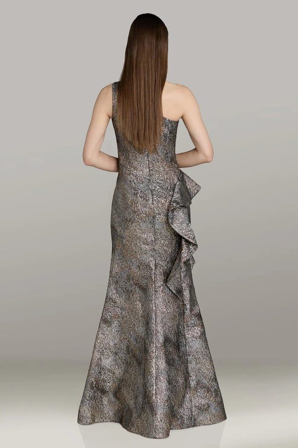 Model wearing Feriani Couture 18496 one-shoulder evening gown with cascading ruffle detail.