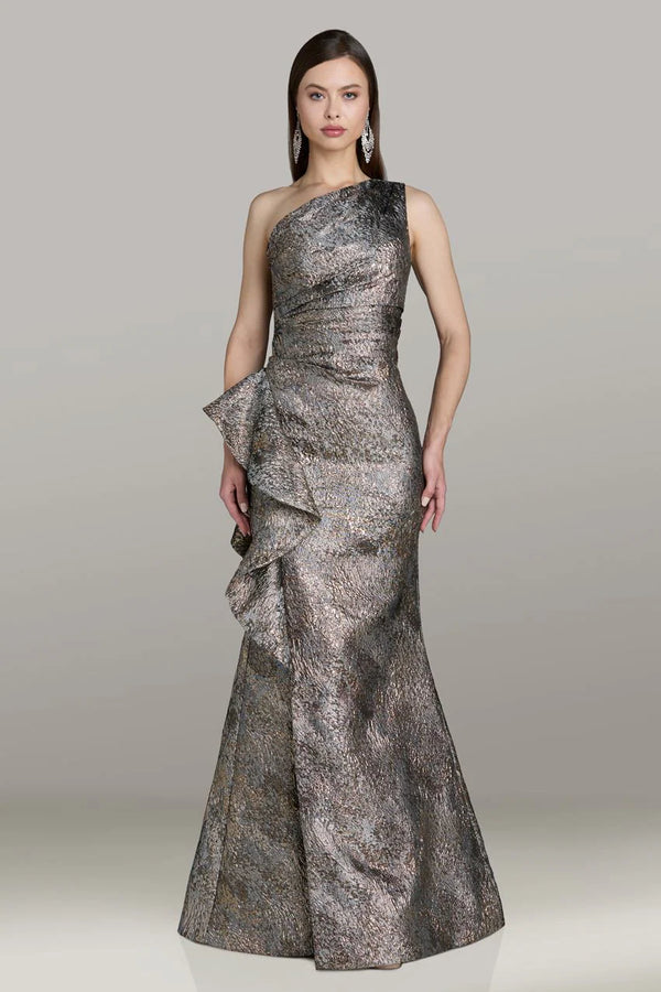 Model wearing Feriani Couture 18496 one-shoulder evening gown with cascading ruffle detail.