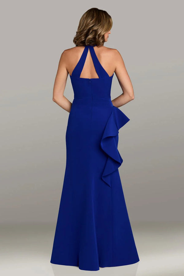 Model wearing Feriani Couture 18540 halter neck evening gown with cascading ruffle detail and high slit.