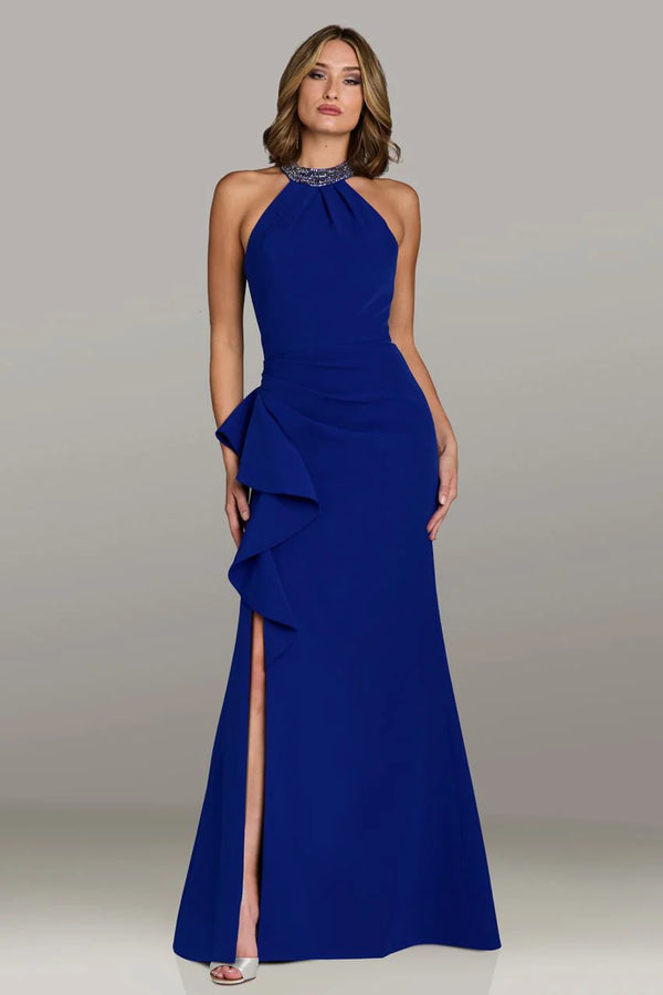 Model wearing Feriani Couture 18540 halter neck evening gown with cascading ruffle detail and high slit.