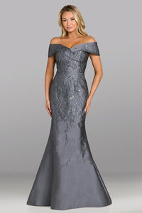 Model wearing Feriani Couture 18607 off-the-shoulder fitted gown with a structured bodice and floor-length silhouette.
