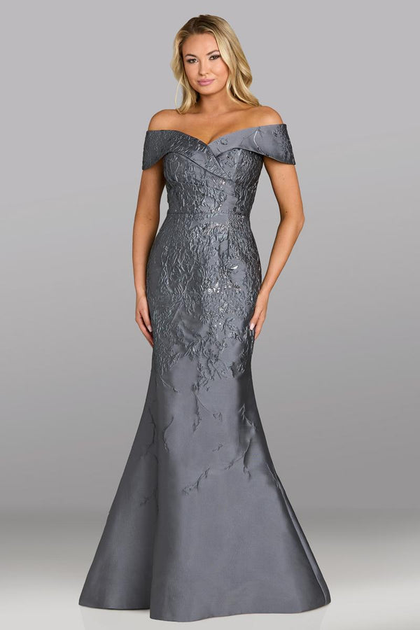 Model wearing Feriani Couture 18607 off-the-shoulder fitted gown with a structured bodice and floor-length silhouette.