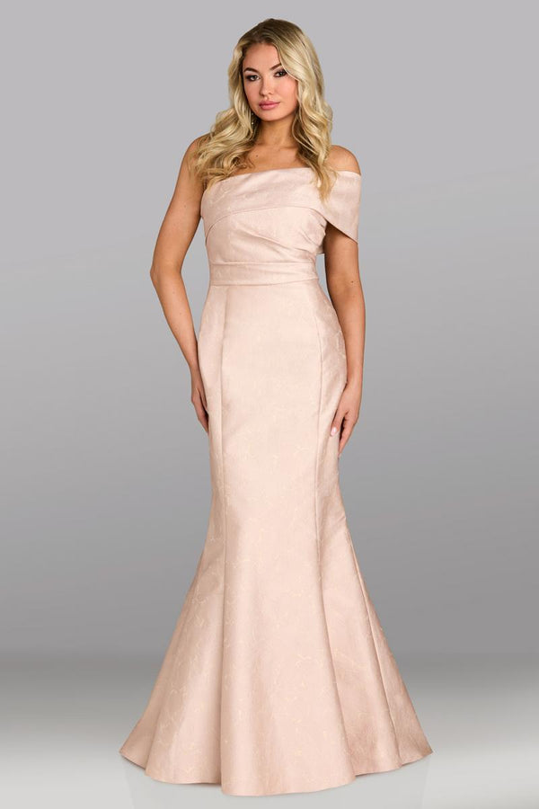 Model wearing Feriani Couture 18629 gown featuring a one-shoulder neckline, fitted silhouette, and elegant bow detail at the back.