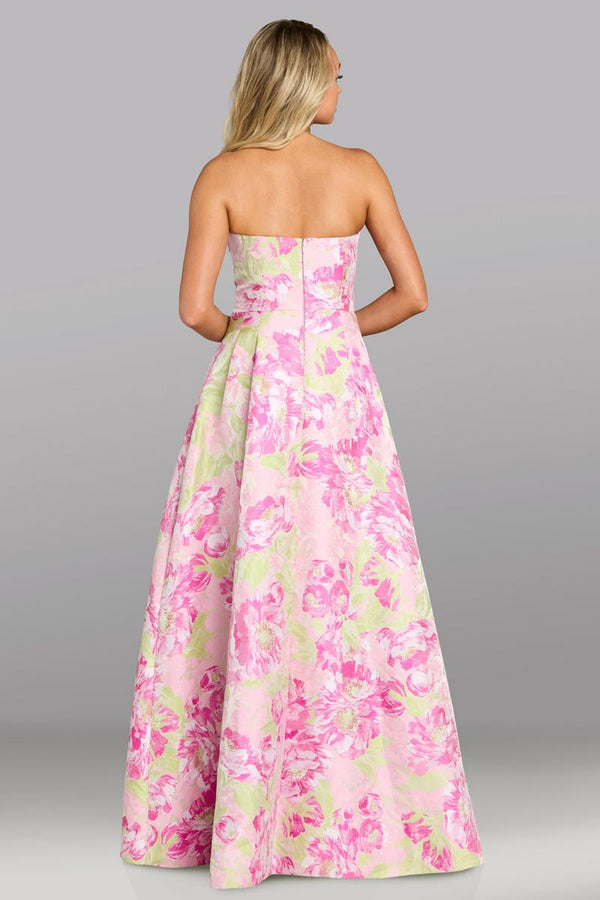 Model wearing Feriani Couture 18644 strapless A-line gown with structured bodice and elegant floral pattern.