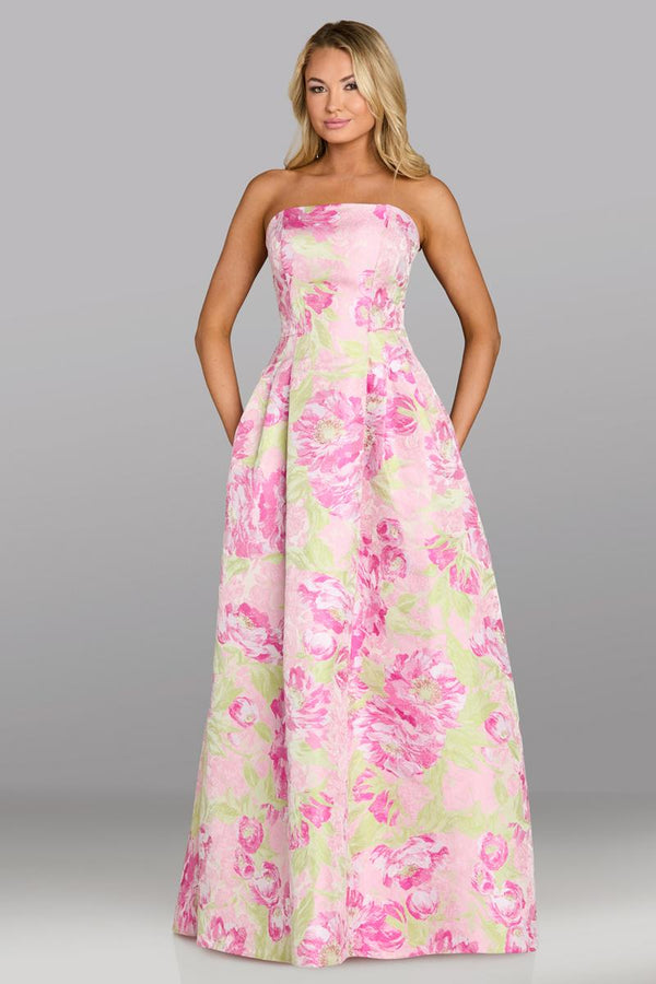 Model wearing Feriani Couture 18644 strapless A-line gown with structured bodice and elegant floral pattern.