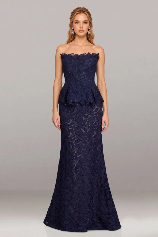 Feriani Couture - 18661 - Strapless Peplum Gown with Floral Appliqués