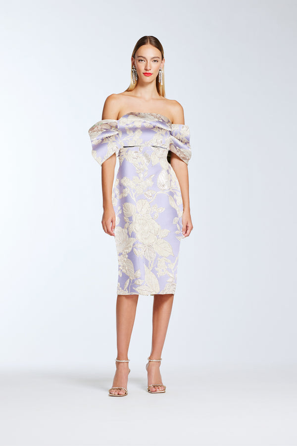 Frascara 4442 Off-the-Shoulder Draped Dress - An elegant off-the-shoulder dress with draped bodice and sleeves, sheath skirt silhouette, perfect for evening formal events and mother of the bride or groom.  Model is wearing lavender.