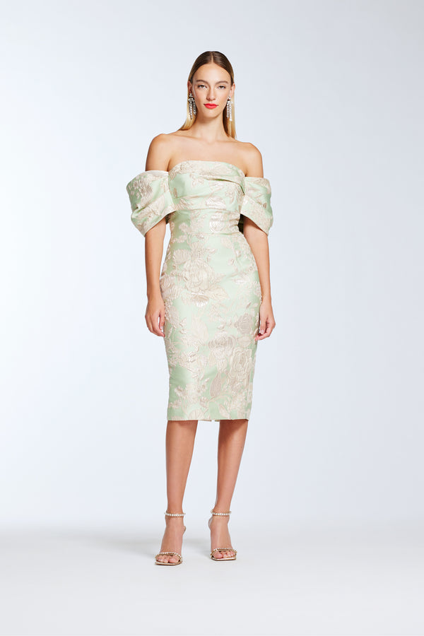 Frascara 4442 Off-the-Shoulder Draped Dress - An elegant off-the-shoulder dress with draped bodice and sleeves, sheath skirt silhouette, perfect for evening formal events and mother of the bride or groom. Model is wearing mint.  Front view