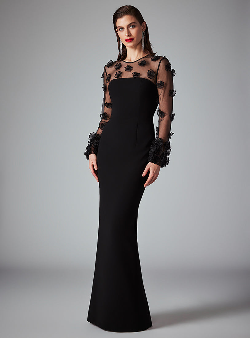 Frascara 4515 Evening Gown - Long sleeve gown with sheer floral applique, column skirt silhouette, and crew neckline.
