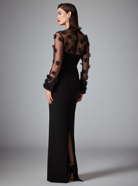 Frascara 4515 Evening Gown - Long sleeve gown with sheer floral applique, column skirt silhouette, and crew neckline.