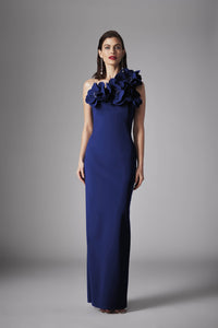 Frascara 4523 One Shoulder Jersey Gown - Stylish one-shoulder jersey gown with 3D flower embellishments. Front view in Royal.