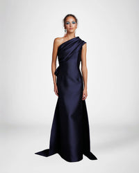 Frascara 4628 - An elegant off-the-shoulder evening gown with a draped bodice, back bow, and train, perfect for formal evenings and mother of the bride or groom occasions.  The model is wearing the dress in Navy.  Front view.