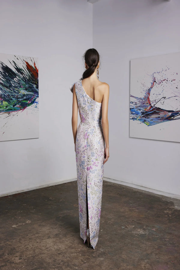 Frascara 4644 - An elegant one-shoulder evening gown with a draped bodice, perfect for special evening events and mother of the bride or groom occasions. This is a back view of the dress.