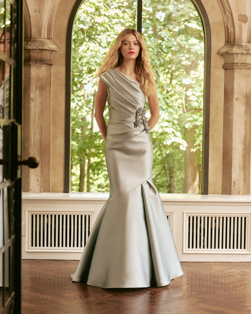 Frascara - 5025 - One-Shoulder Draped Gown with Floral Appliqué