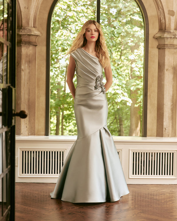 Frascara - 5025 - One-Shoulder Draped Gown with Floral Appliqué