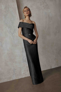 Frascara 5136 off-the-shoulder gown with asymmetrical collar, rhinestone buckle belt, column skirt and back vent.