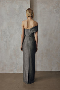 Frascara 5136 off-the-shoulder gown with asymmetrical collar, rhinestone buckle belt, column skirt and back vent.