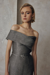 Frascara 5136 off-the-shoulder gown with asymmetrical collar, rhinestone buckle belt, column skirt and back vent.