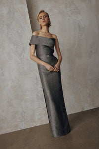 Frascara 5136 off-the-shoulder gown with asymmetrical collar, rhinestone buckle belt, column skirt and back vent.