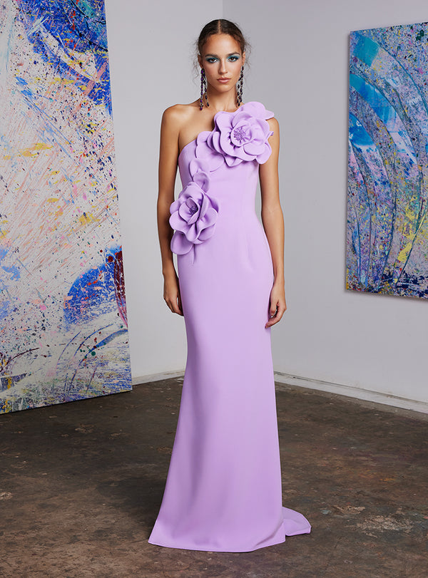 Frascara 46154 One Shoulder Fit and Flare Gown - A stunning one-shoulder gown with 3D floral applique