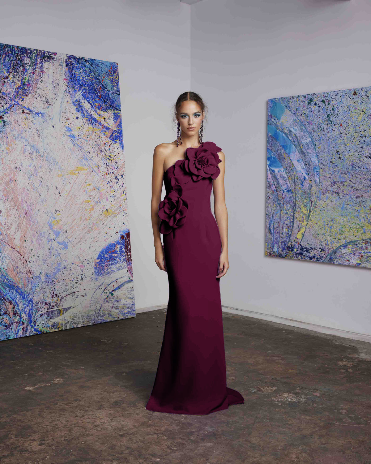 Frascara 46154 One Shoulder Fit and Flare Gown - A stunning one-shoulder gown with 3D floral applique