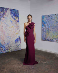 Frascara 46154 One Shoulder Fit and Flare Gown - A stunning one-shoulder gown with 3D floral applique