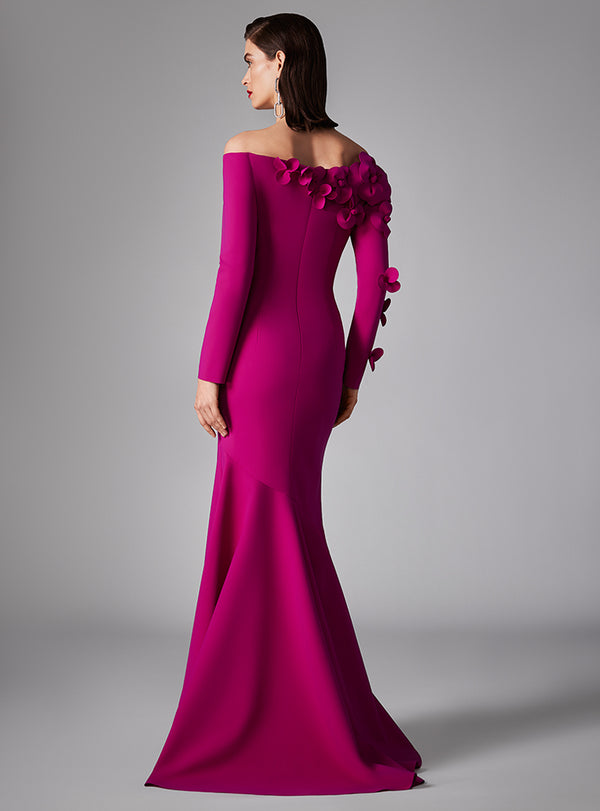 A luxurious off-the-shoulder mermaid gown adorned with 3D flowers, ideal for evening events and mother of the bride or groom occasions.